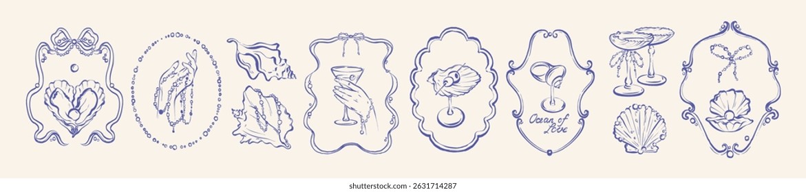 Conjunto de moldura de casamento caprichoso do mar, fronteira de convite do oceano costeiro do vetor, decoração de arco de fita elegante. Vintage doodle linha de concha desenhada à mão ilustração, mão de mulher coquetel, pérola. Moldura extravagante