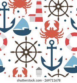 Sea white pattern with anchors, crabs, ships, wheels. Vector illustration.