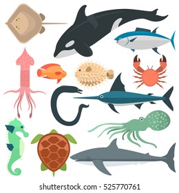 Sea wild animals vector illustration. Different fishes and other sea and ocean animals: whale, turtle, dolphin, squid and fish sword