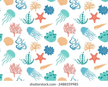 Sea wild life seamless pattern. Cute shells, starfish, algae, jellyfish, coral. Abstract kids underwater background. Summer ocean pattern for wallpaper, package, cover, textile design