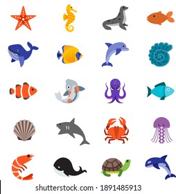 Sea wildlife animals icon set starfish, seahorse, seal, sea lion, golden fish, shark, dolphin, seashell, octopus, red fish, bluefish, crab, jellyfish, lobster, whale, tortoise, turtle,  