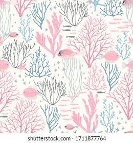 Sea wildlife with coral reef, fishes and starfish, seamless pattern. Vector abstract illustration pink, blue and grey colors with texture, design elements on ivory background.