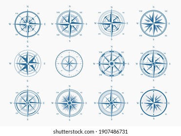 Sea wind rose set. Blue ink cartography with orientation parts of world nautical vintage star for topography mariners latitude and longitude navigation measurement equipment. Vector discovery.