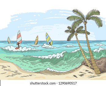 Sea windsurfing graphic color seascape sketch illustration vector