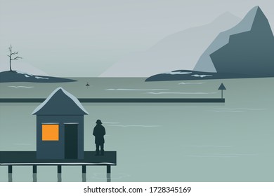 Sea winter landscape. Vector illustration. Lonely fisherman on the pier.