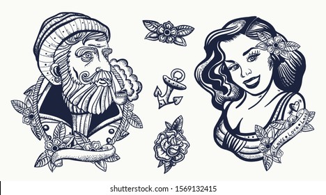 Sea wolf captain and sailor girl. Marine elements. Sea adventure collection. Old school tattoo. Traditional tattooing style 