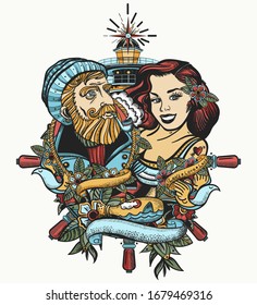 Sea wolf captain and sailor girl. Old school tattoo and t-shirt design. Love story 