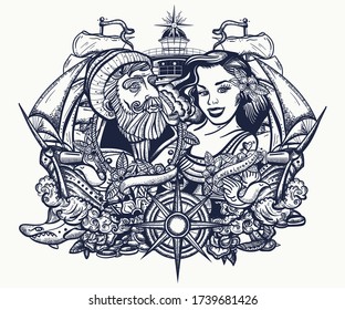 Sea wolf captain, sailor girl and pirate ship. Love story. Tattoo and t-shirt design. Nautical art 