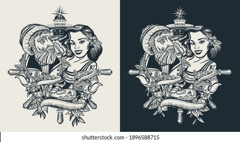 Sea wolf captain and sailor girl. Love story. Nautical art. Old school tattoo and t-shirt design. One color vector 