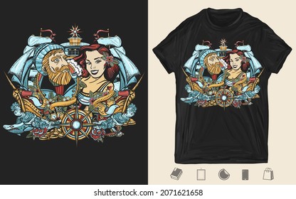 Capitán de lobo marino, marinera y barco pirata. Historia de amor. Diseño de camisetas. Impresión creativa para la ropa. Arte náutico