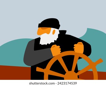 Sea wolf. The old skipper leads the ship across the stormy sea. Vector image for prints, poster and illustrations.