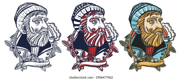 Sea wolf portrait, sailor man. Old captain smokes a pipe. Bearded seaman. Old school tattoo vector art. Hand drawn cartoon character set. Isolated on white. Traditional tattooing style 