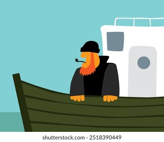 Lobo marino. Marinero. El viejo patrón a bordo de su barco. Caricatura. Imagen de Vector para impresiones, póster e ilustraciones.