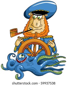 Sea Wolf Standing At The Wheel (Fully Editable Vector Image);