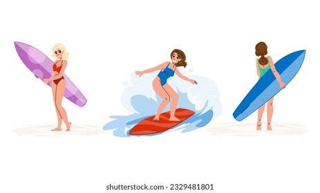 sea woman surfing beach  vector.  surfboard surfer, girl lifestyle, female sport sea woman surfing beach character. people flat cartoon illustration