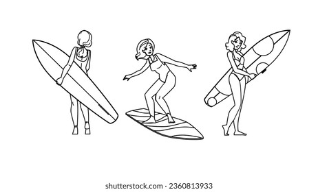 sea woman surfing beach vector. surfboard surfer, girl lifestyle, female sport sea woman surfing beach character. people black line illustration
