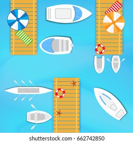 Sea wooden pier for boats and yachts. Top view design for flyers and brochures, postcards, banners, posters, broadsheets. Vector illustration.