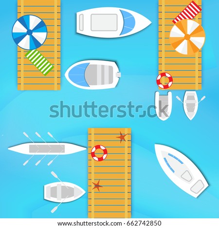 Sea wooden pier for boats and yachts. Top view design for flyers and brochures, postcards, banners, posters, broadsheets. Vector illustration.