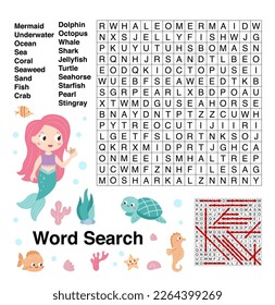 Sea Word search. Educational game. Learning English. Printable puzzle with mermaid and ocean animals. Kids activity worksheet. Vector illustration.