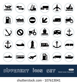 Sea, work and road transport and signs. Hand drawn sketch illustration isolated on white background