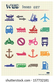 Sea, work, road transport and signs drawn by color pencils. Hand drawn vector elements pack isolated on paper