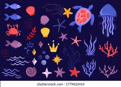 Sea world, animals, plants and fish on a blue background. Vector clipart, marine illustration set.