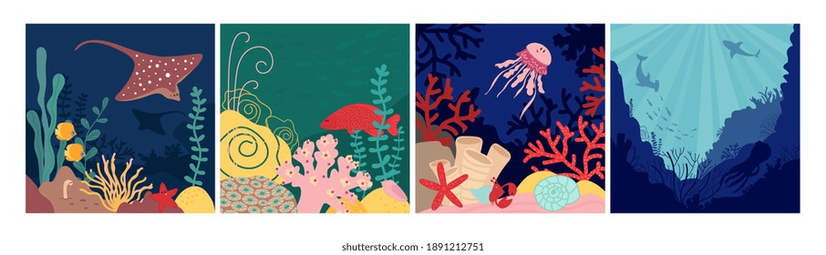 Sea world background. Underwater life, natural fish in aquarium. Nautical landscape with cartoon shell, wild ocean nature decent vector set