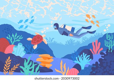 Sea World Concept. Male Character Swims Under Water. Coral Reef With Fish And Turtle. Diving As Entertainment For Tourist. Oxygen Tank For Diving Into Depths Of Ocean. Cartoon Flat Vector Illustration