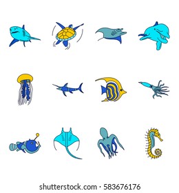 Sea world creatures and fish, sign colorful, flat icons set on background