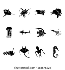 Sea world creatures and fish, sign silhouette icons set on background