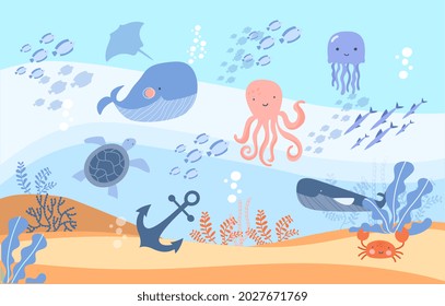 Sea world dwellers concept. Fish and wild marine animals in ocean. Coral reefs, schools of fish, sandy bottom, jellyfish, turtle and octopus. Cartoon flat vector illustration for printing on paper