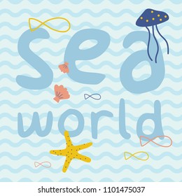 Sea world with fish, starfish, jellyfish, shell print poster. A playful, modern, and flexible print for brand who has cute and fun style. Happy, bright, and nautical mood.