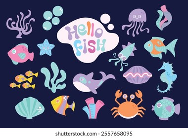 Sea world Hand Drawn Colorful Collection.  Inhabitants of the sea world, cute, funny underwater sea turtle, dolphin, shark, ocean crabs. Flat Design Cartoon Illustration 