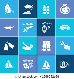 Sea world icon set and caviar with underwater diving watch, yacht and underwater flashlight. Vessel related sea world icon vector for web UI logo design.