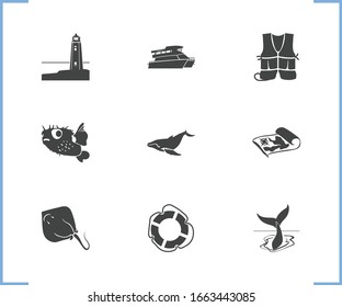 Sea world icon set and crampfish with ferry, whale tail and puffer fish. Cetacean related sea world icon vector for web UI logo design.