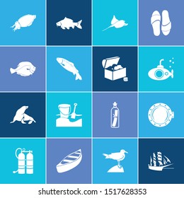 Sea world icon set and flatfish with carp fish, salmon and sting ray. Marine fish related sea world icon vector for web UI logo design