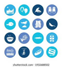 Sea world icon set and flatfish with oyster, sea lion and canoe. Sea-unicorn related sea world icon vector for web UI logo design.