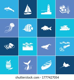 Sea world icon set and jellyfish with sailboat, tropical fish and baleen whale. Cramp fish related sea world icon vector for web UI logo design.