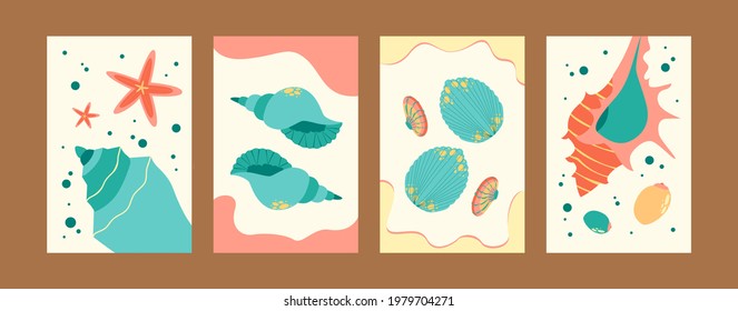 Sea world illustration set in pastel colors. Marine images collection in pastel colors. Cute seashells and starfish on gentle background. Sea life concept for banners, website design or landing page