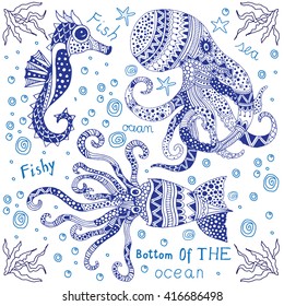Sea world illustration with squid, octopus and sea horse