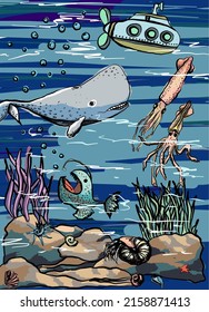The sea world and its inhabitants. Animals of the seas and oceans. Submarine at depth. Marine animals and plants. Vector illustration