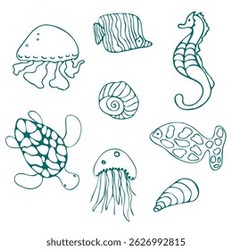 Sea World Life doodle line set. Hand drawn childlike marine graphic, ink brush contour stroke isolated elements. Cartoon sketch style design, outline cute illustration, white background. Vector