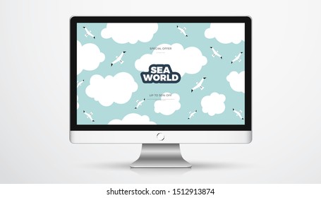 Sea world, marine pattern background vector flat style template. Cute design for web page or print banner design