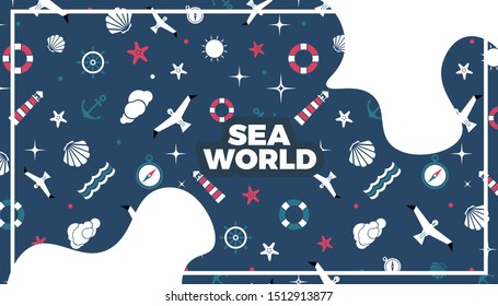 Sea world, marine pattern background vector flat style template. Cute design for web page or print banner design