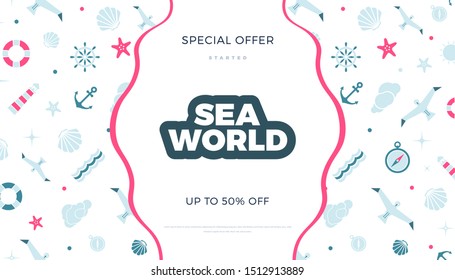 Sea world, marine pattern background vector flat style template. Cute design for web page or print banner design