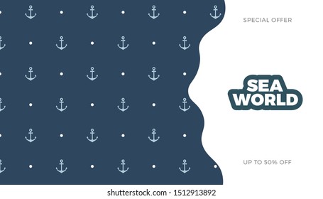 Sea world, marine pattern background vector flat style template. Cute design for web page or print banner design