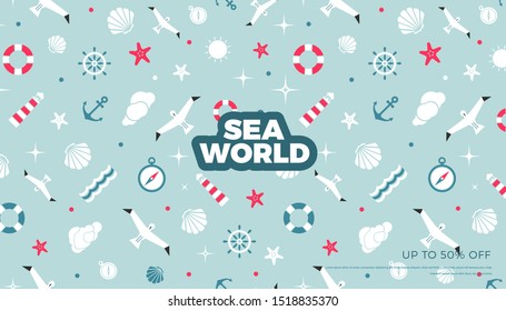 Sea world, marine pattern background vector flat style template. Cute design for web page or print banner design
