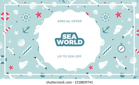 Sea world, marine pattern background vector flat style template. Cute design for web page or print banner design