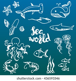 Sea World, ocean, sea inhabitants:fish, whale, shark, jellyfish, starfish, octopus, ray, seaweed, crab, shrimp, shell, squid.