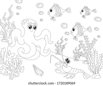 Sea world. Octopus with a lobster. Coloring. Black on white .Vector illustration.